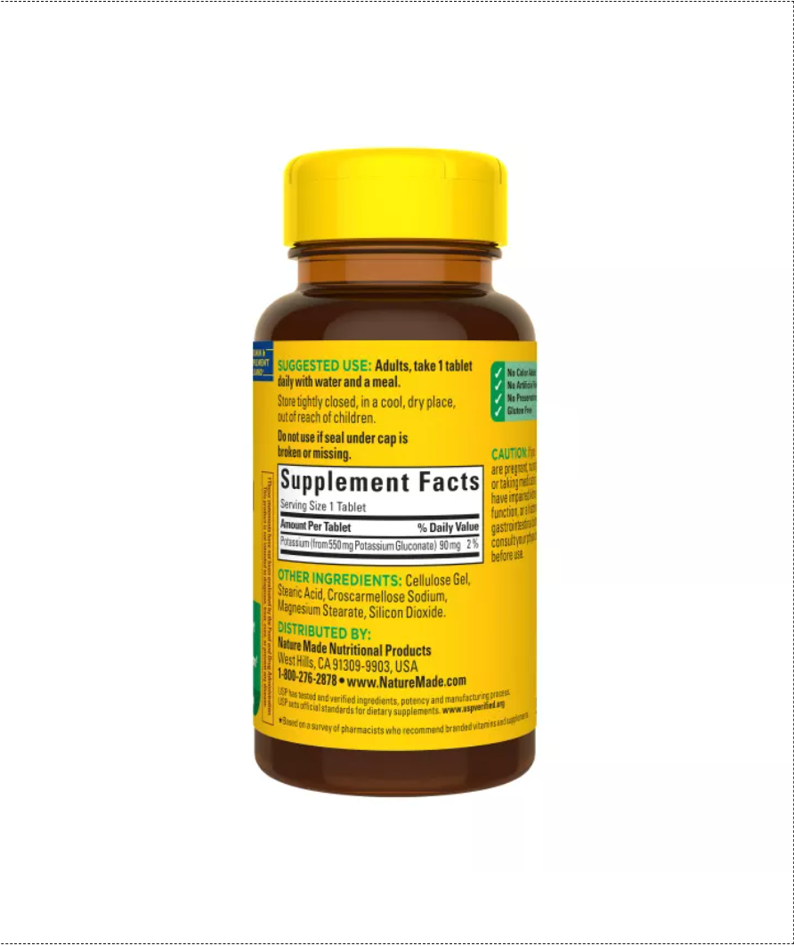 NATURE MADE POTASSIUM GLUCONATE 550 MG, DIETARY SUPPLEMENT FOR HEART HEALTH SUPPORT, 100 DAY SUPPLY