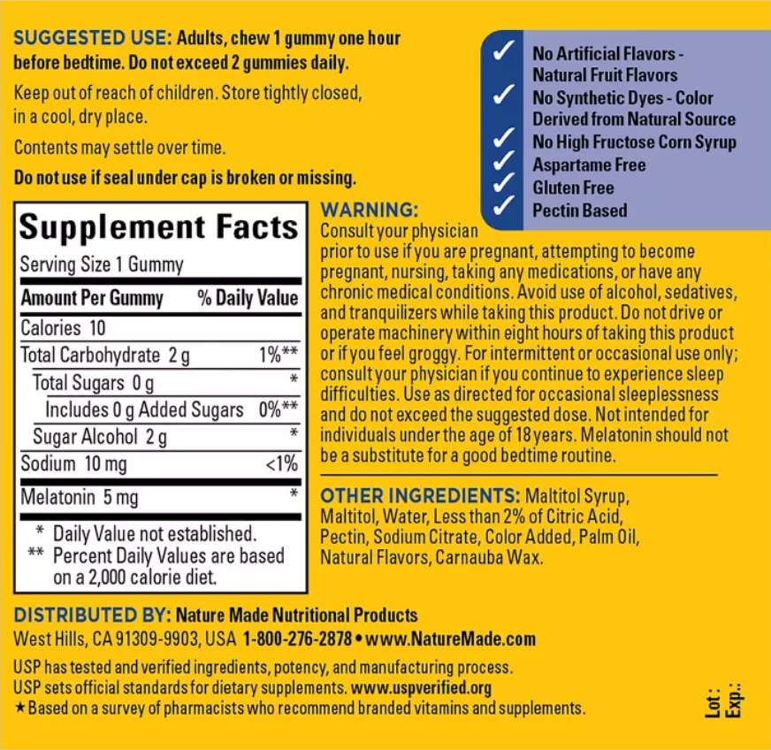 NATURE MADE ZERO SUGAR MELATONIN 5MG GUMMIES, 100% DRUG FREE SLEEP AID, SUGAR FREE GUMMIES, USP VERIFIED - MIXED BERRY FLAVOR
