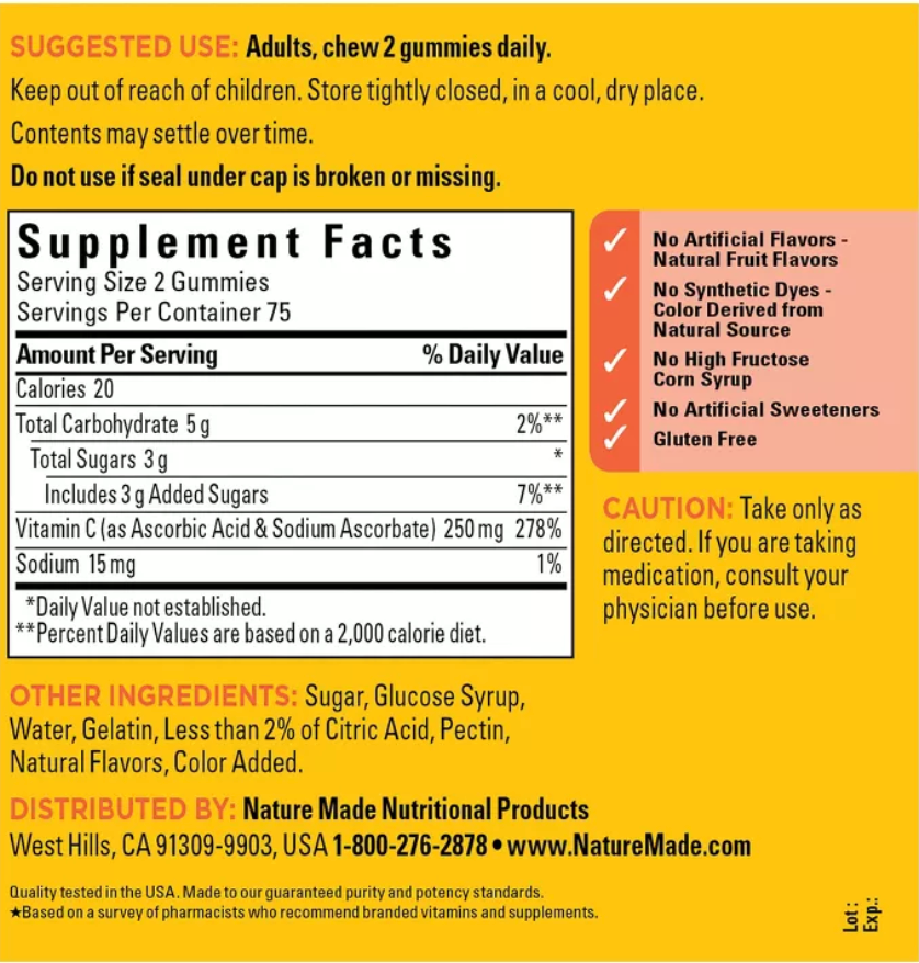 NATURE MADE VITAMIN C 250MG PER SERVING FOR IMMUNE SUPPORT VITAMIN GUMMIES - TANGERINE FLAVORED