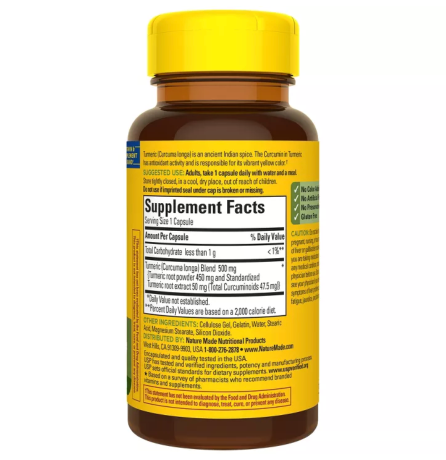 NATURE MADE TURMERIC CURCUMIN 500MG SUPPLEMENTS FOR ANTIOXIDANT SUPPORT CAPSULES, GLUTEN-FRE