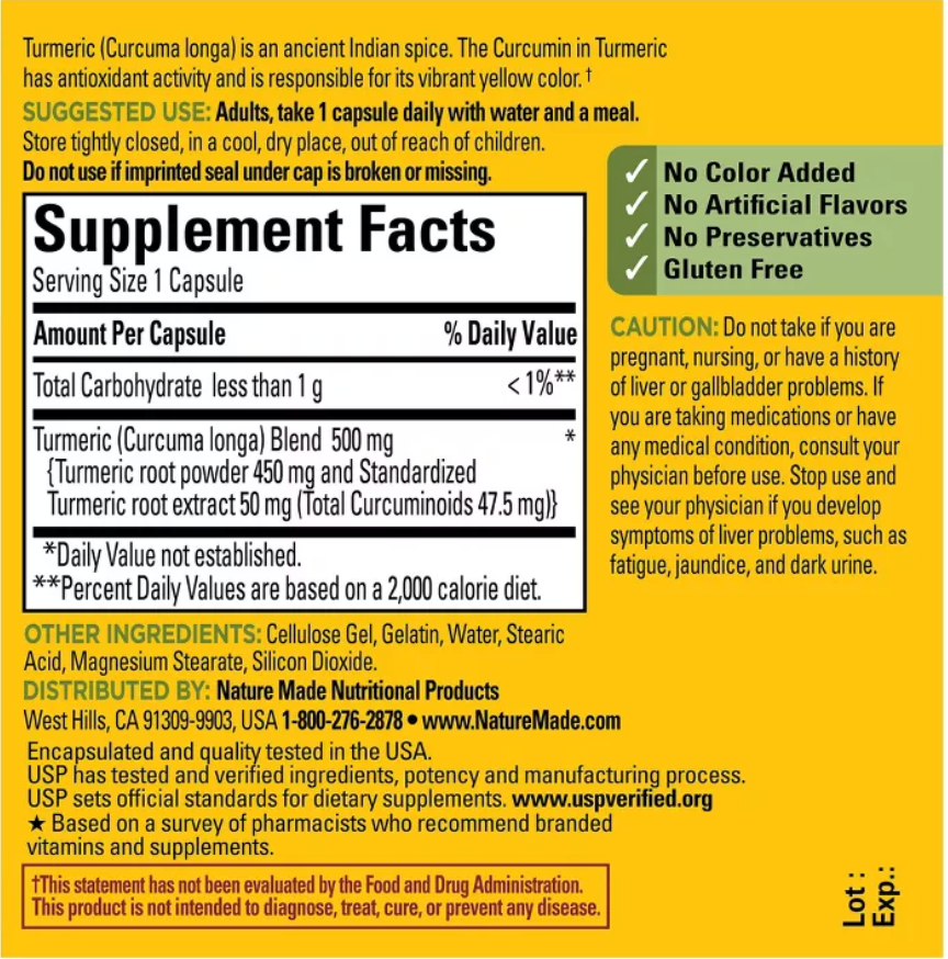 NATURE MADE TURMERIC CURCUMIN 500MG SUPPLEMENTS FOR ANTIOXIDANT SUPPORT CAPSULES, GLUTEN-FRE