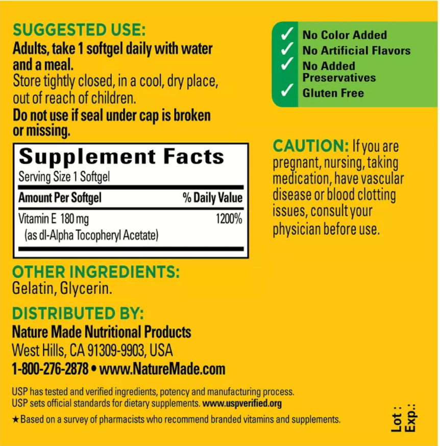 NATURE MADE VITAMIN E 180 MG (400 IU) DL-ALPHA FOR ANTIOXIDANT SUPPORT, SOFTGELS, USP VERIFIED