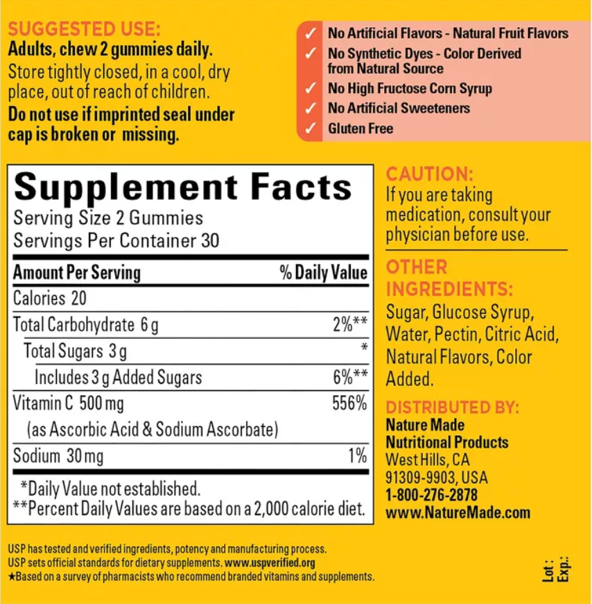 NATURE MADE EXTRA STRENGTH DOSAGE VITAMIN C GUMMIES 500MG PER SERVING - TANGERINE FLAVOR, USP VERIFIED