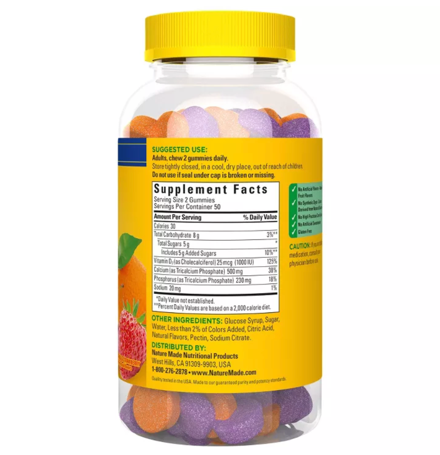 NATURE MADE CALCIUM 500MG WITH VITAMIN D3 FOR BONE SUPPORT GUMMIES - FRUIT,  GLUTEN-FREE, NO ARTIFICIAL SWEETENERS