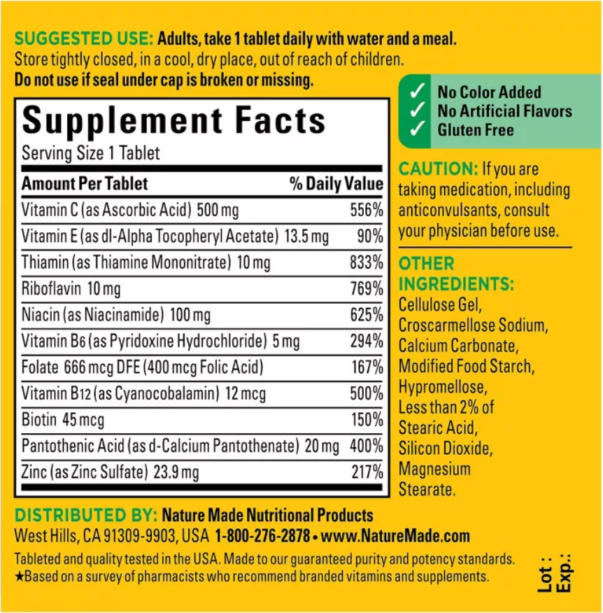 NATURE MADE STRESS VITAMIN B COMPLEX WITH VITAMIN C AND ZINC SUPPLEMENT TABLETS FOR IMMUNE SUPPORT