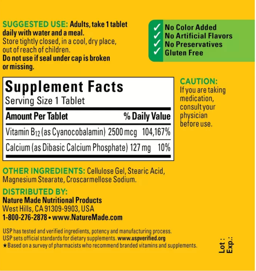 NATURE MADE EXTRA STRENGTH VITAMIN B12 2500 MCG, B12 VITAMIN TABLETS, ENERGY METABOLISM SUPPORT, USP VERIFIED