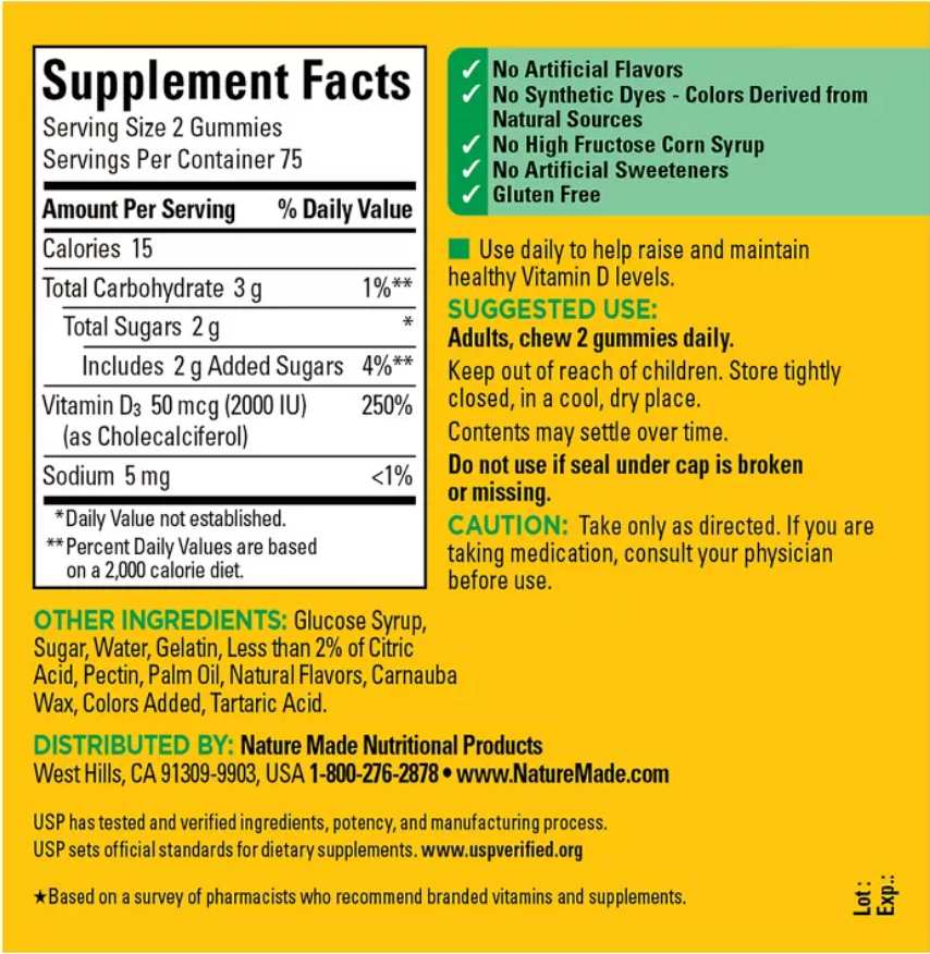 NATURE MADE VITAMIN D3 2000 IU (50 MCG), FOR BONE HEALTH AND IMMUNE SUPPORT VITAMIN GUMMIES