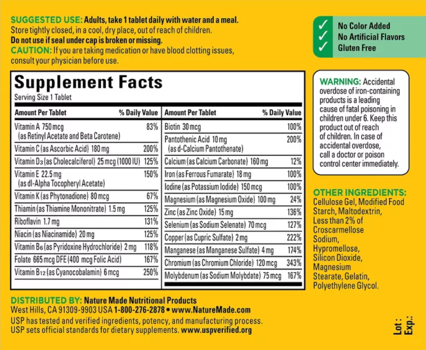 NATURE MADE MULTIVITAMIN TABLETS WITH IRON FOR NUTRITIONAL SUPPORT, USP VERIFIED