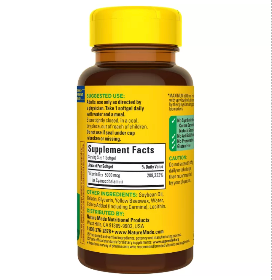 NATURE MADE MAXIMUM STRENGTH VITAMIN B12 5000 MCG SOFTGELS, USP VERIFIED