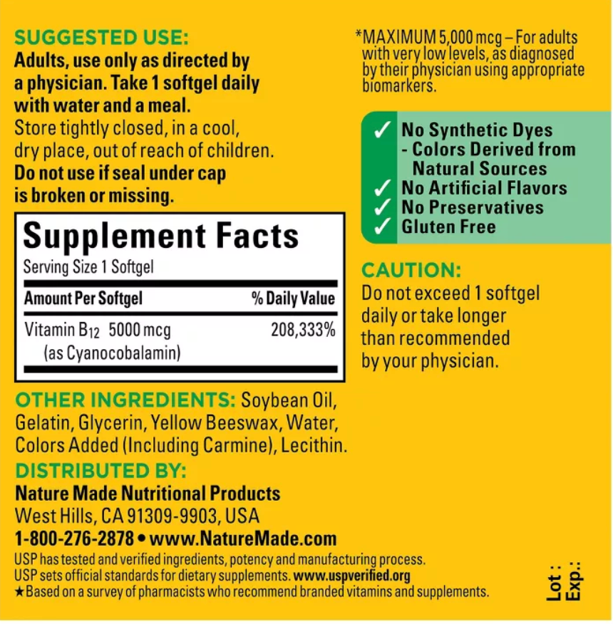 NATURE MADE MAXIMUM STRENGTH VITAMIN B12 5000 MCG SOFTGELS, USP VERIFIED