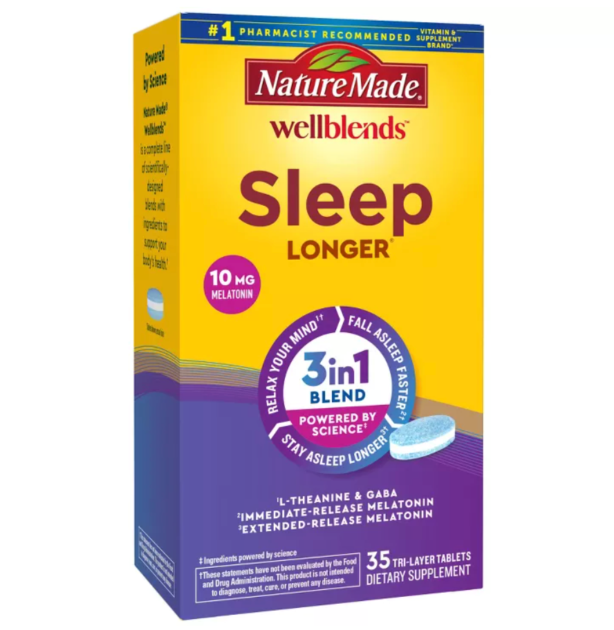 NATURE MADE WELLBLENDS SLEEP LONGER , MELATONIN 10MG, L-THEANINE 100MG AND GABA 100MG TABLETS