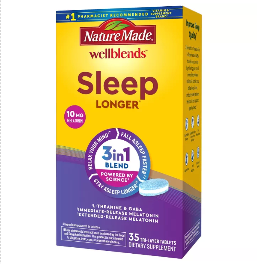 NATURE MADE WELLBLENDS SLEEP LONGER , MELATONIN 10MG, L-THEANINE 100MG AND GABA 100MG TABLETS