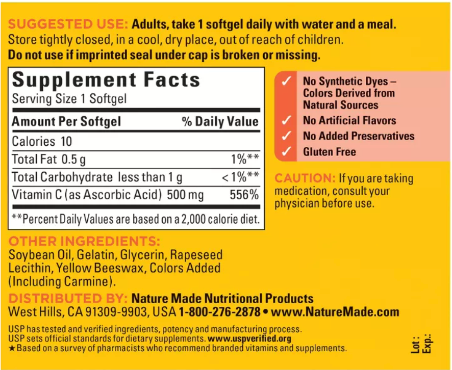 NATURE MADE EXTRA STRENGTH DOSAGE VITAMIN C GUMMIES 500MG PER SERVING - TANGERINE FLAVOR, USP VERIFIED NATURE MADE VITAMIN C 500 MG SOFTGELS, USP VERIFIED
