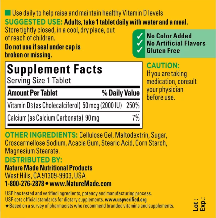 NATURE MADE VITAMIN D3 2000 IU (50 MCG) TABLETS, MUSCLE, TEETH, BONE & IMMUNE SUPPORT SUPPLEMENT, USP VERIFIED
