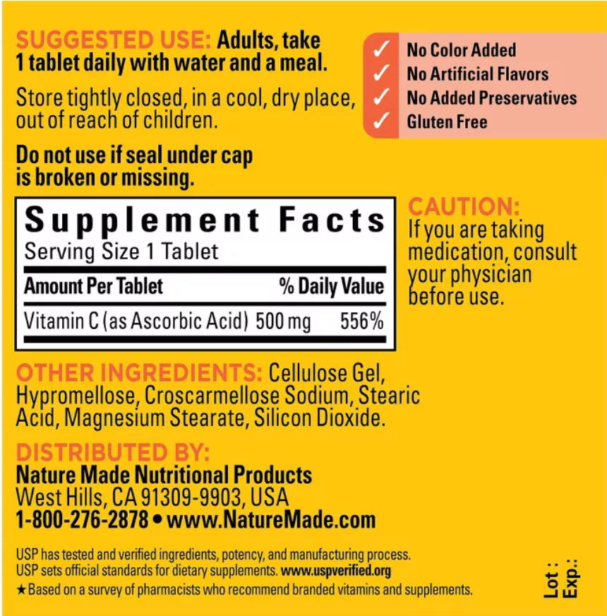 NATURE MADE VITAMIN C 500 MG TABLETS, USP VERIFIED