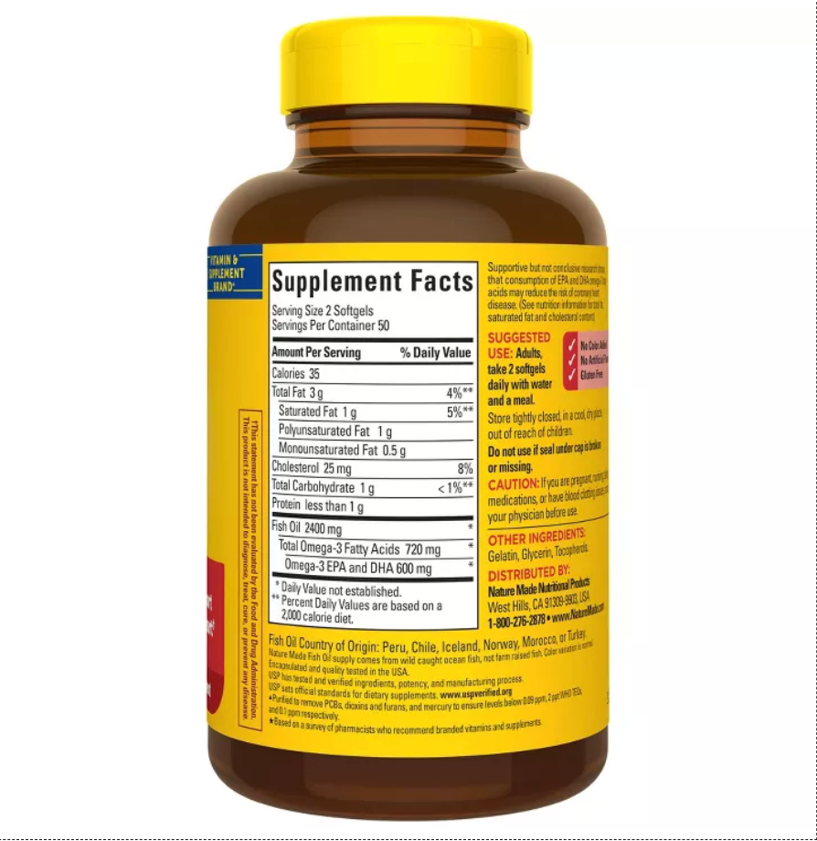 NATURE MADE FISH OIL SUPPLEMENTS 1200 MG, OMEGA 3 SUPPLEMENTS FOR HEALTHY HEART SUPPORT, SOFTGELS, USP VERIFIED