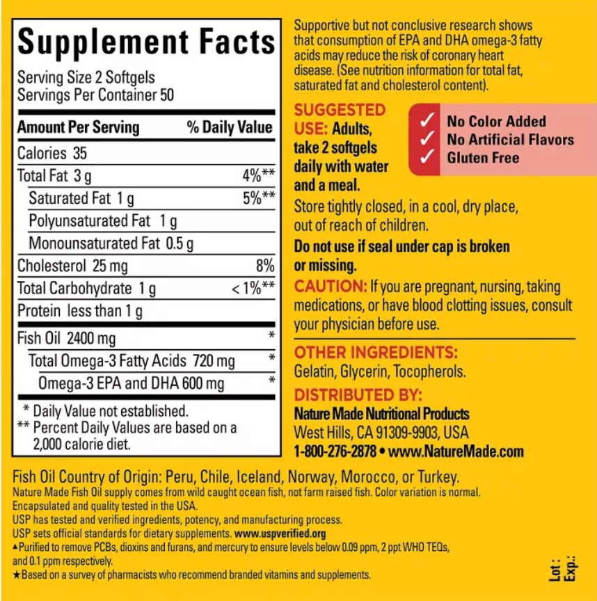 NATURE MADE FISH OIL SUPPLEMENTS 1200 MG, OMEGA 3 SUPPLEMENTS FOR HEALTHY HEART SUPPORT, SOFTGELS, USP VERIFIED