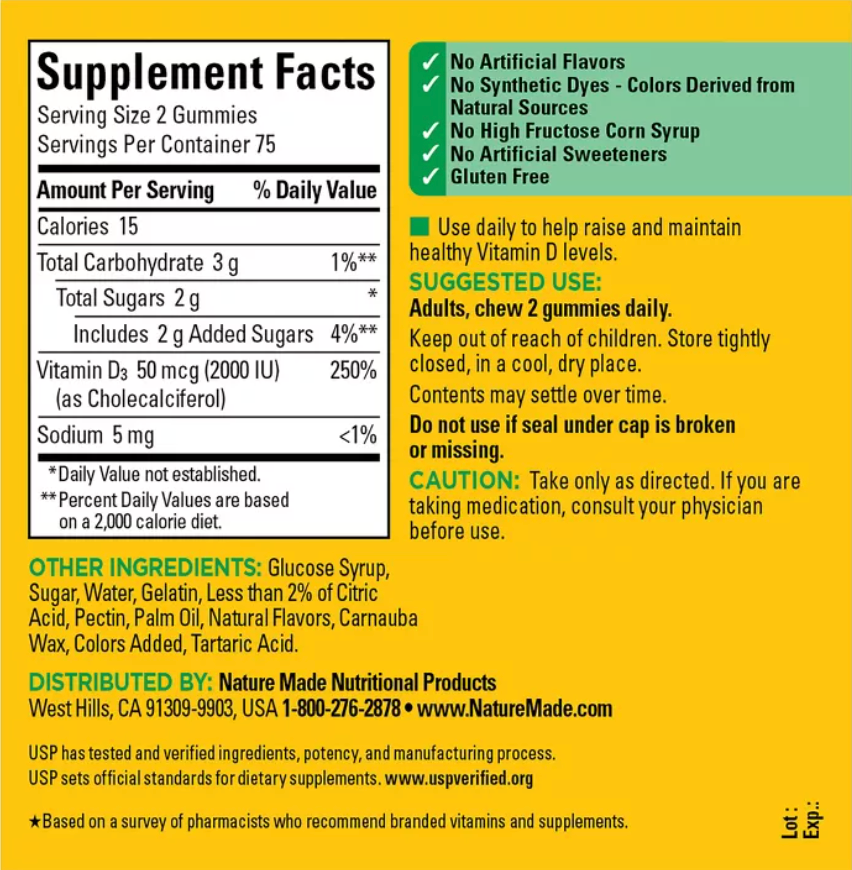 NATURE MADE VITAMIN D3 2000 IU (50 MCG), FOR BONE HEALTH AND IMMUNE SUPPORT VITAMIN GUMMIES