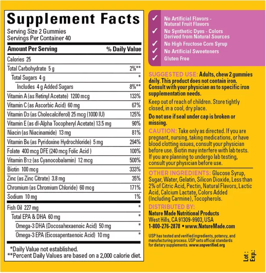 NATURE MADE WOMEN MULTIVITAMIN GUMMIES PLUS OMEGA 3, USP VERIFIED - STRAWBERRY, LEMON, & ORANGE