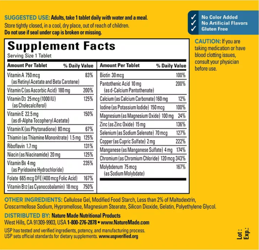 NATURE MADE MENS MULTIVITAMIN WITH NO IRON, NUTRITIONAL SUPPORT TABLETS, USP VERIFIED