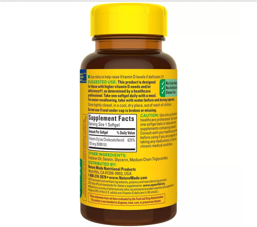 NATURE MADE EXTRA STRENGTH VITAMIN D3 5000 IU (125 MCG), BONE HEALTH AND IMMUNE SUPPORT SOFTGELS, USP VERIFIED