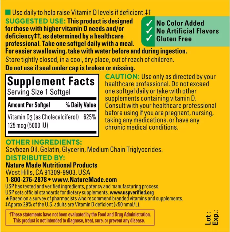 NATURE MADE EXTRA STRENGTH VITAMIN D3 5000 IU (125 MCG), BONE HEALTH AND IMMUNE SUPPORT SOFTGELS, USP VERIFIED