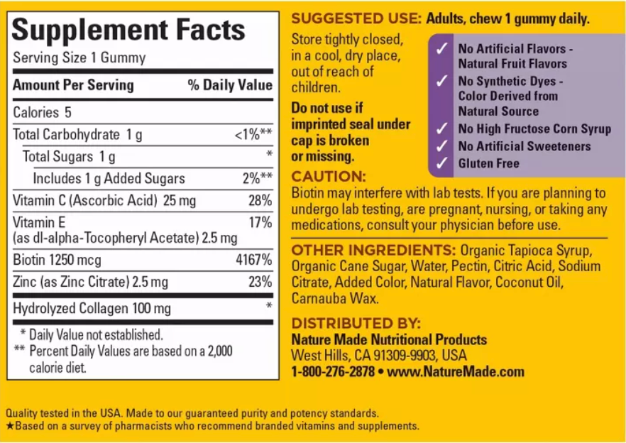 NATURE MADE HYDROLYZED COLLAGEN SUPPLEMENT GUMMIES WITH VITAMIN C, BIOTIN & ZINC - 60CT: GLUTEN-FREE, NO ARTIFICIAL FLAVORS