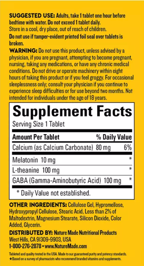 NATURE MADE WELLBLENDS SLEEP LONGER , MELATONIN 10MG, L-THEANINE 100MG AND GABA 100MG TABLETS
