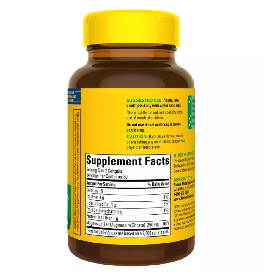 NATURE MADE MAGNESIUM CITRATE 250 MG PER SERVING, MAGNESIUM SUPPLEMENT, SOFTGELS, USP VERIFIED