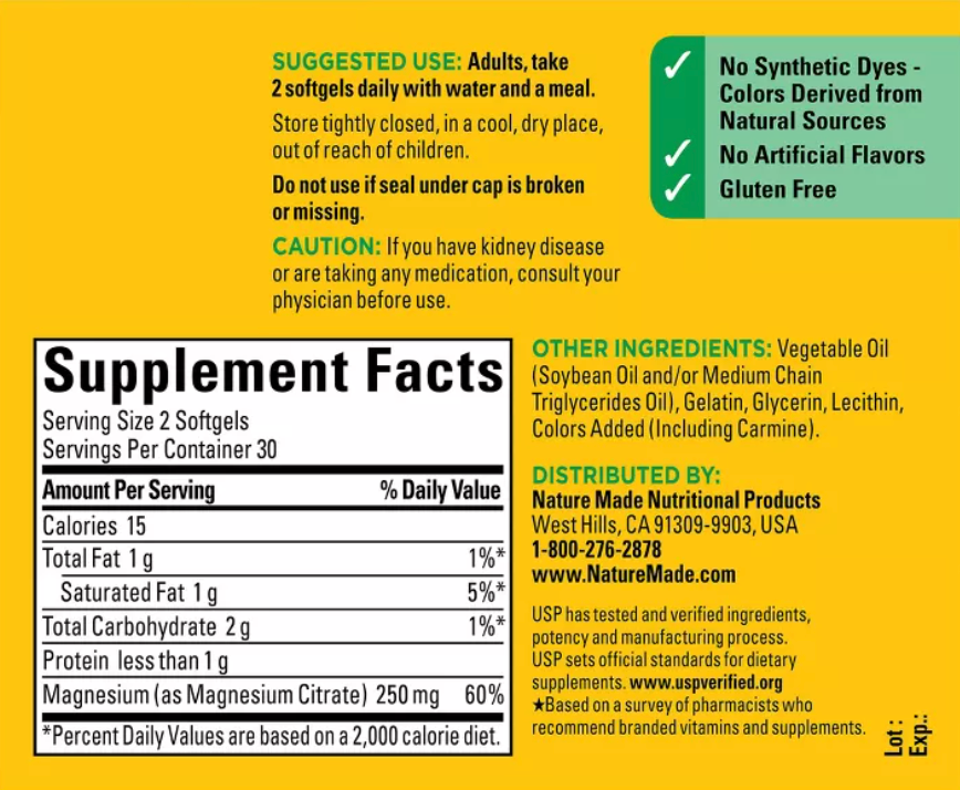 NATURE MADE MAGNESIUM CITRATE 250 MG PER SERVING, MAGNESIUM SUPPLEMENT, SOFTGELS, USP VERIFIED