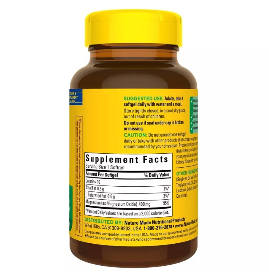NATURE MADE EXTRA STRENGTH MAGNESIUM OXIDE 400MG, MUSCLE, NERVE, BONE, HEART SUPPORT SOFTGELS - 60CT