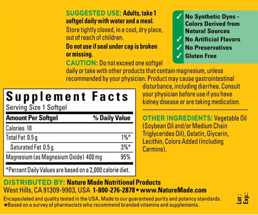 NATURE MADE EXTRA STRENGTH MAGNESIUM OXIDE 400MG, MUSCLE, NERVE, BONE, HEART SUPPORT SOFTGELS - 60CT