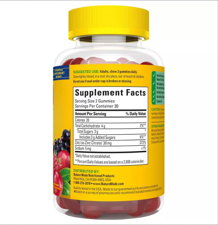 NATURE MADE ZINC GUMMIE,DIETARY SUPPLEMENT, 30MG ZINC PER SERVING, GLUTEN-FREE, NO ARTIFICIAL FLAVORS