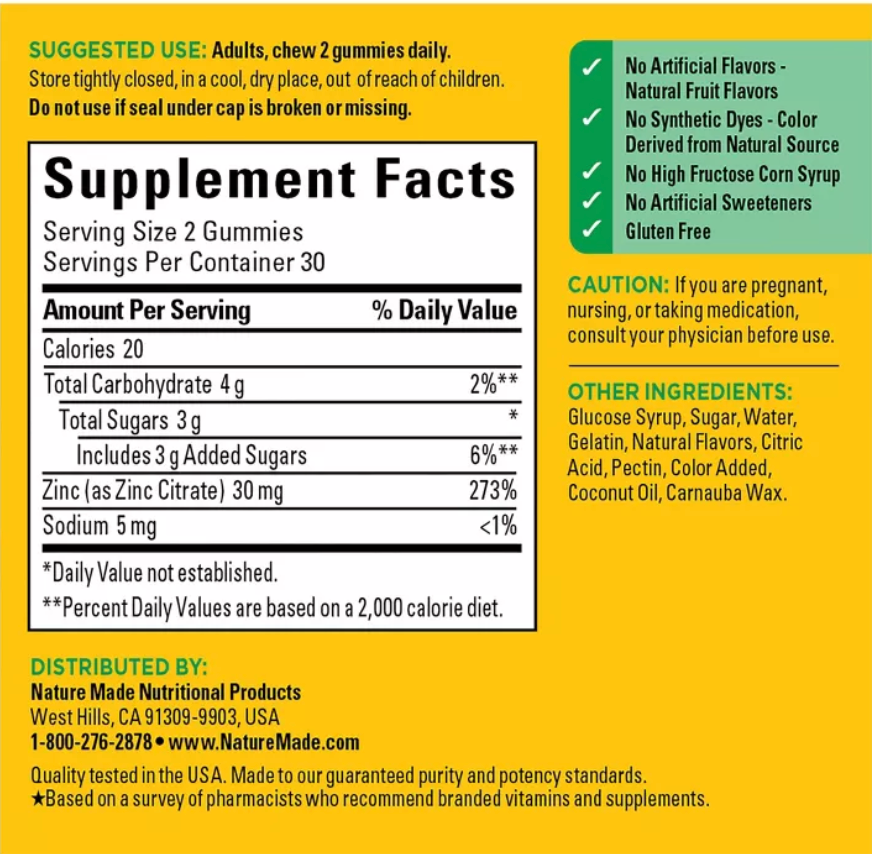 NATURE MADE ZINC GUMMIE,DIETARY SUPPLEMENT, 30MG ZINC PER SERVING, GLUTEN-FREE, NO ARTIFICIAL FLAVORS