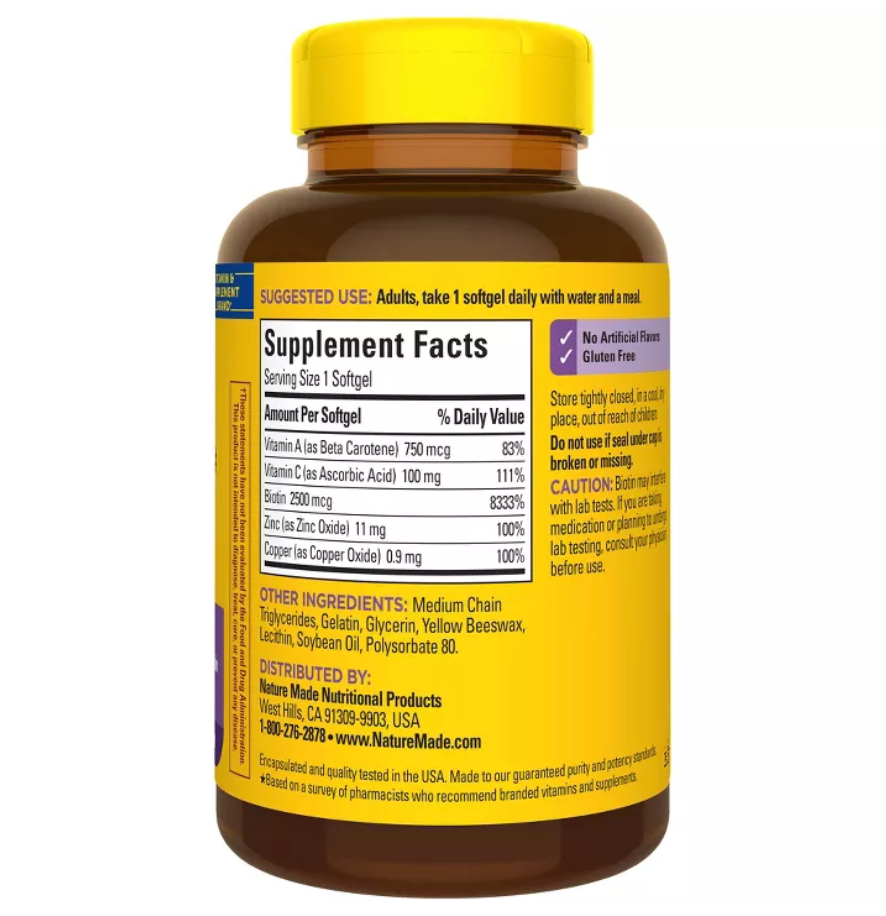NATURE MADE HAIR - SKIN & NAILS WITH 2500 MCG OF BIOTIN SOFTGELS , GLUTEN-FREE, NO ARTIFICIAL FLAVORS, NO PRESERVATIVES
