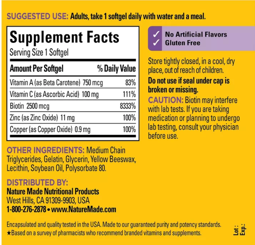 NATURE MADE HAIR - SKIN & NAILS WITH 2500 MCG OF BIOTIN SOFTGELS , GLUTEN-FREE, NO ARTIFICIAL FLAVORS, NO PRESERVATIVES