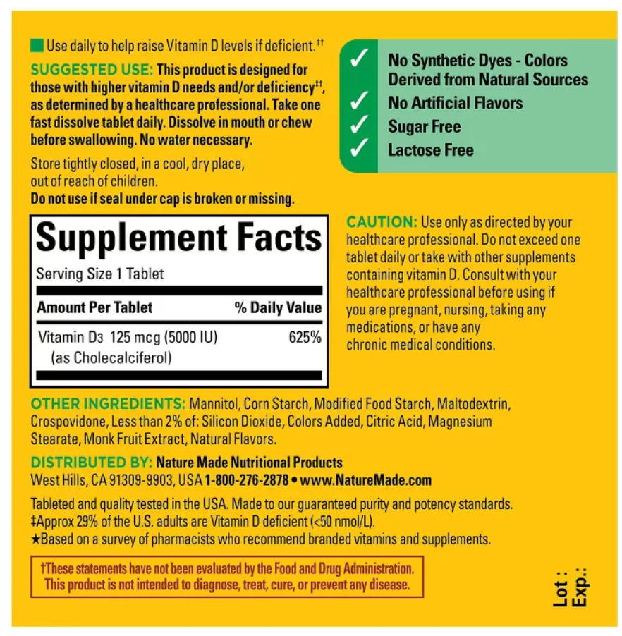 NATURE MADE D3 FAST DISSOLVE VITAMIN D TABLETS - 70CT: MIXED BERRY FLAVOR