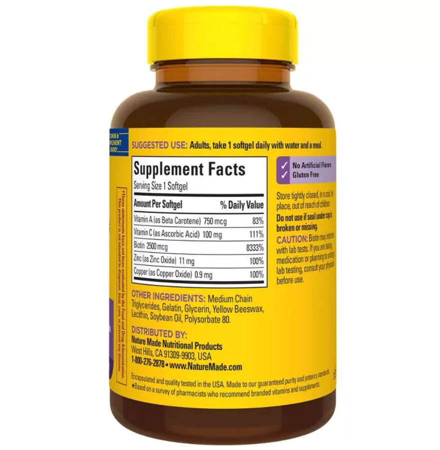 NATURE MADE HAIR - SKIN & NAILS WITH 2500 MCG OF BIOTIN SOFTGELS, GLUTEN-FREE, NO ARTIFICIAL FLAVORS, NO PRESERVATIVE