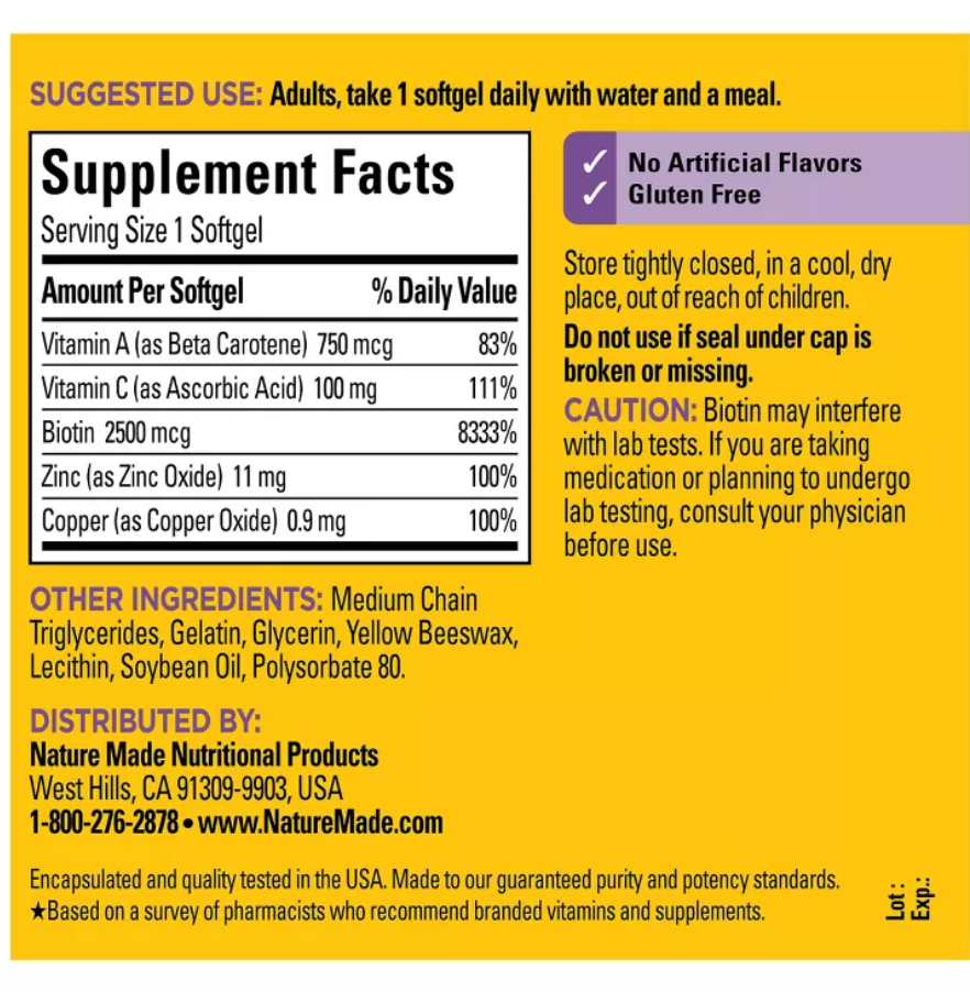 NATURE MADE HAIR - SKIN & NAILS WITH 2500 MCG OF BIOTIN SOFTGELS, GLUTEN-FREE, NO ARTIFICIAL FLAVORS, NO PRESERVATIVE