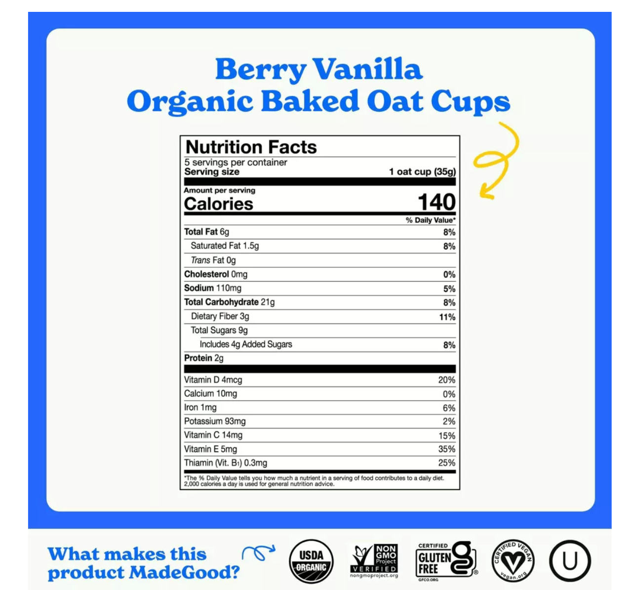 MADE GOOD OAT CUPS BERRY VAINILLA