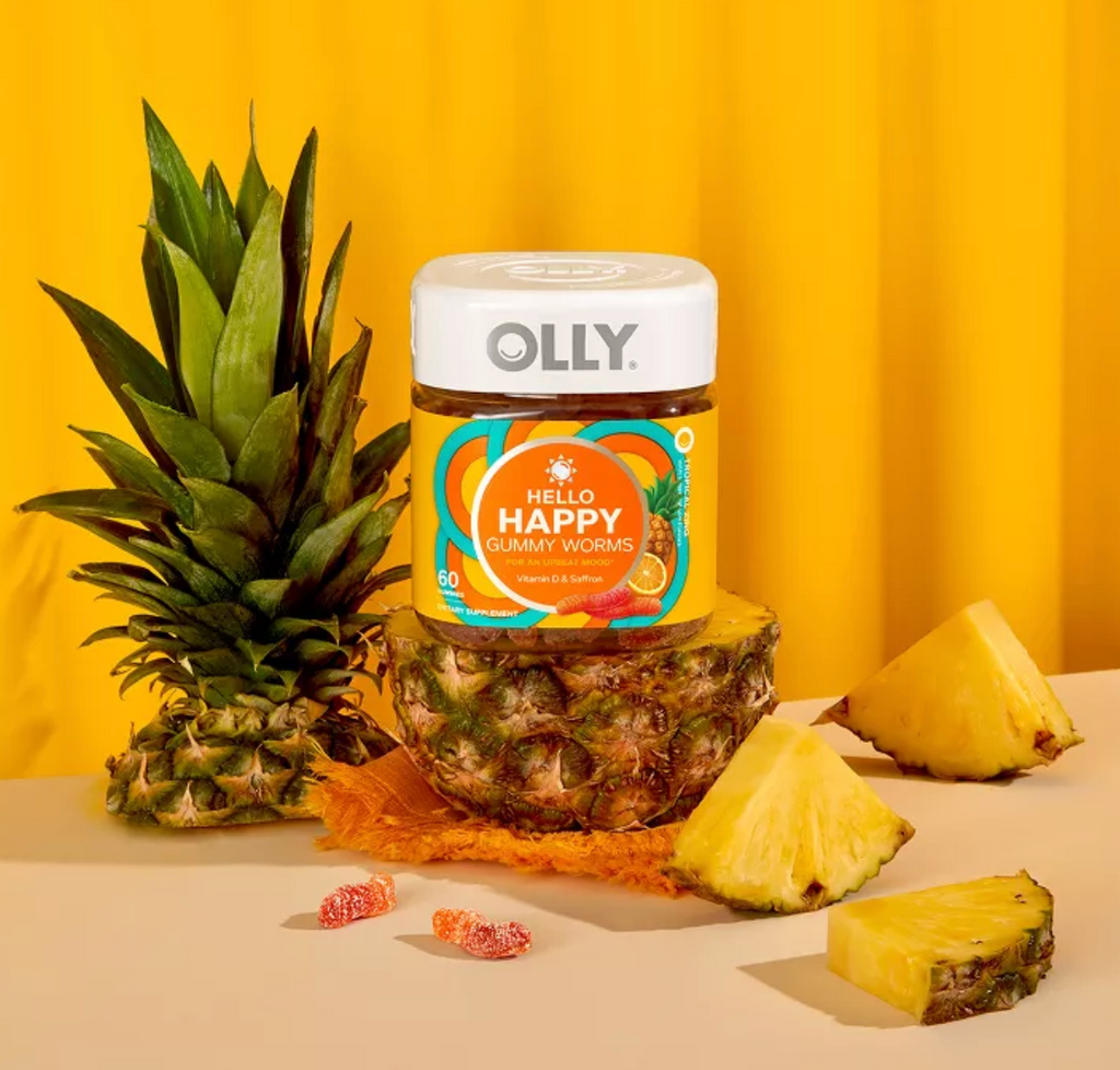 OLLY HELLO HAPPY GUMMY WORM SUPPLEMENTS WITH VITAMIN D AND SAFFRON