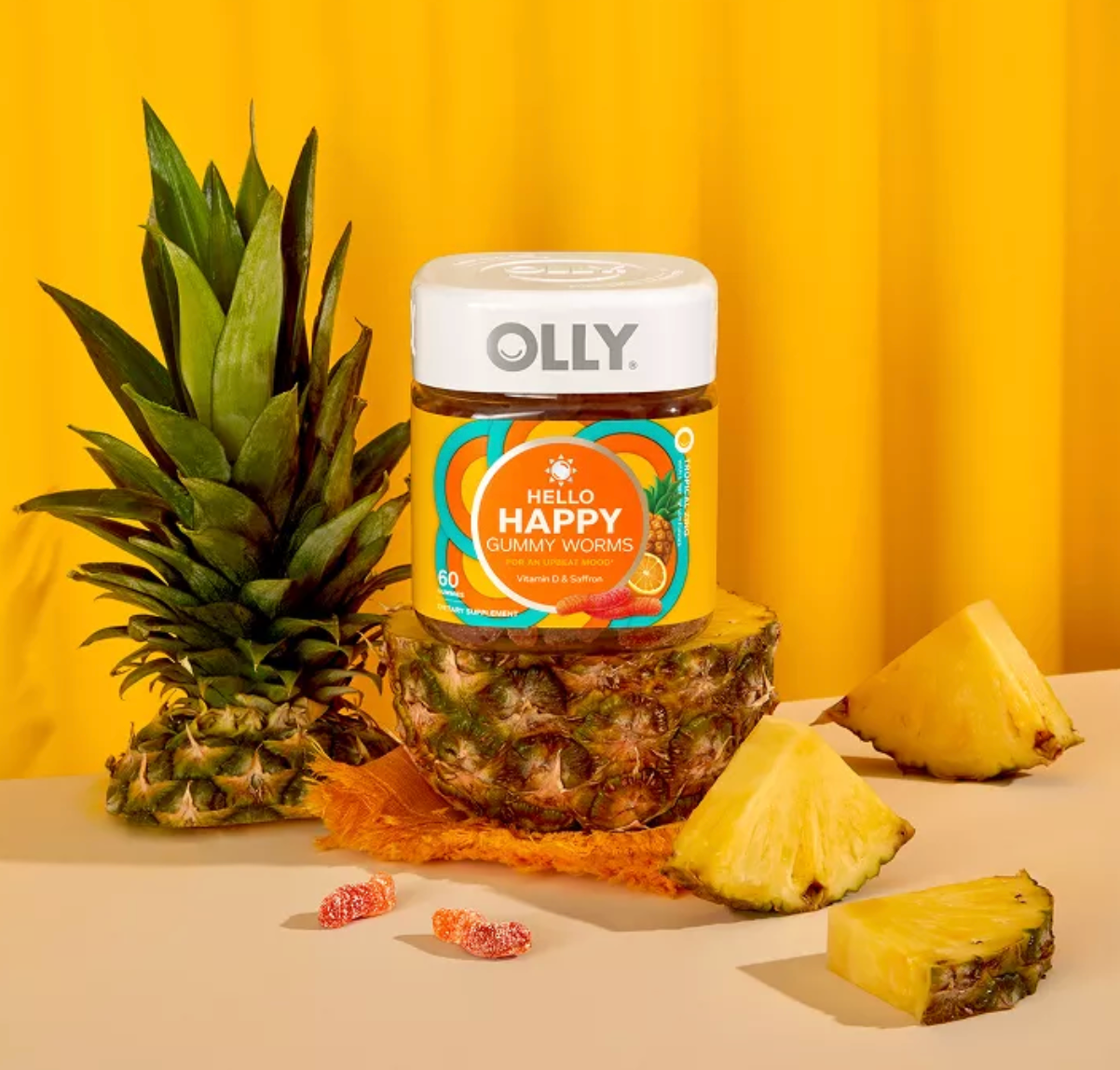 OLLY HELLO HAPPY GUMMY WORM SUPPLEMENTS WITH VITAMIN D AND SAFFRON