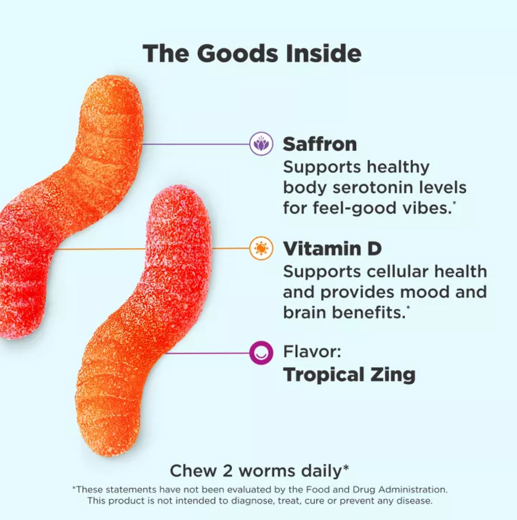 OLLY HELLO HAPPY GUMMY WORM SUPPLEMENTS WITH VITAMIN D AND SAFFRON