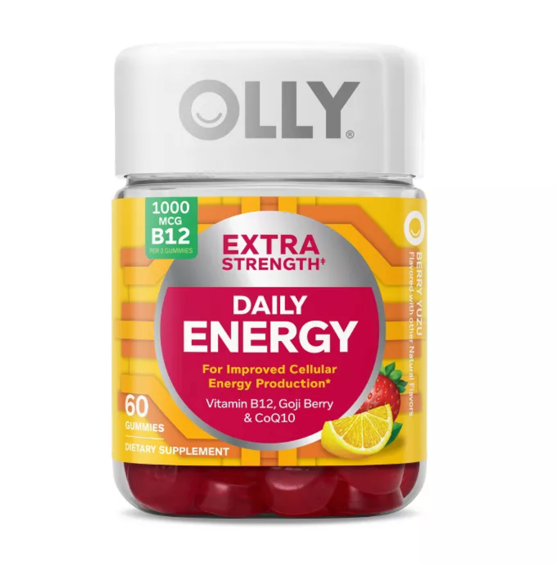 OLLY EXTRA STRENGTH DAILY ENERGY, 1000 MCG, VITAMIN B12 AND CAFFEINE-FREE GUMMIES - BERRY YUZU FLAVOR