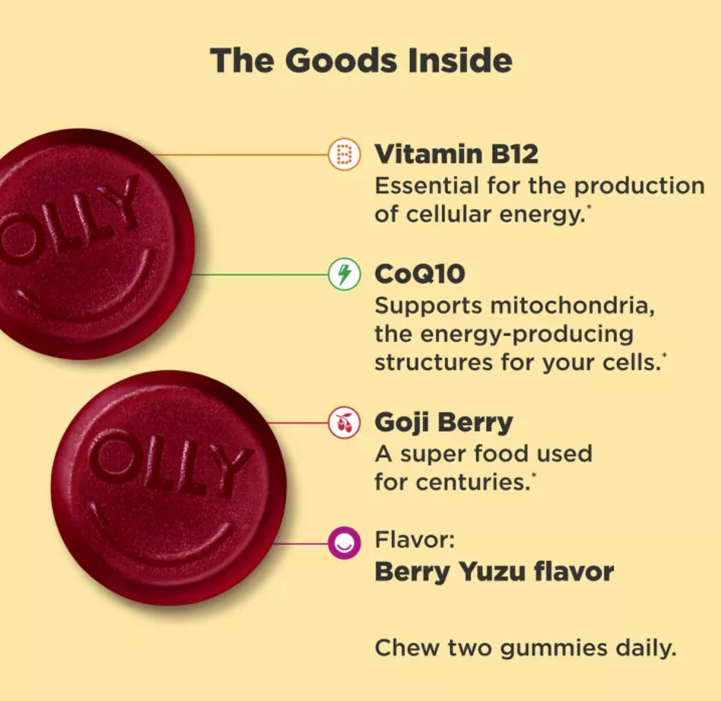 OLLY EXTRA STRENGTH DAILY ENERGY, 1000 MCG, VITAMIN B12 AND CAFFEINE-FREE GUMMIES - BERRY YUZU FLAVOR