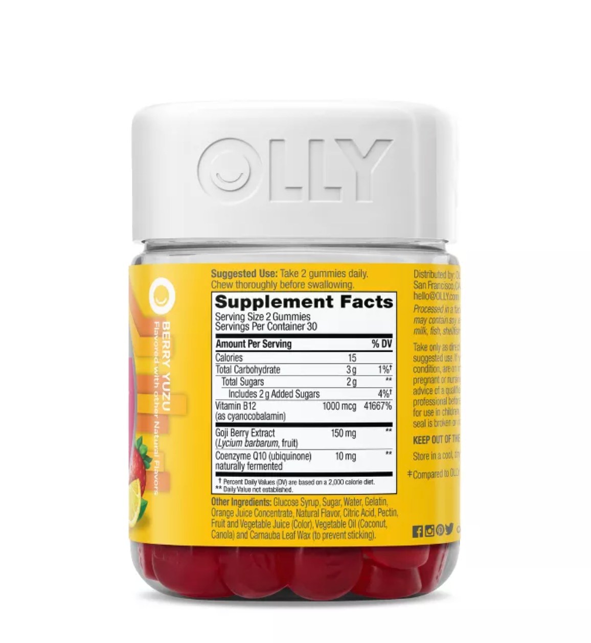 OLLY EXTRA STRENGTH DAILY ENERGY, 1000 MCG, VITAMIN B12 AND CAFFEINE-FREE GUMMIES - BERRY YUZU FLAVOR