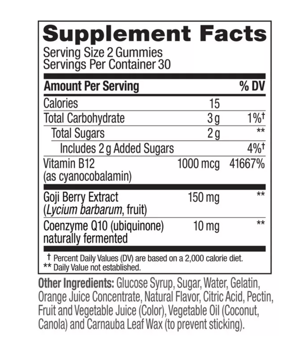 OLLY EXTRA STRENGTH DAILY ENERGY, 1000 MCG, VITAMIN B12 AND CAFFEINE-FREE GUMMIES - BERRY YUZU FLAVOR