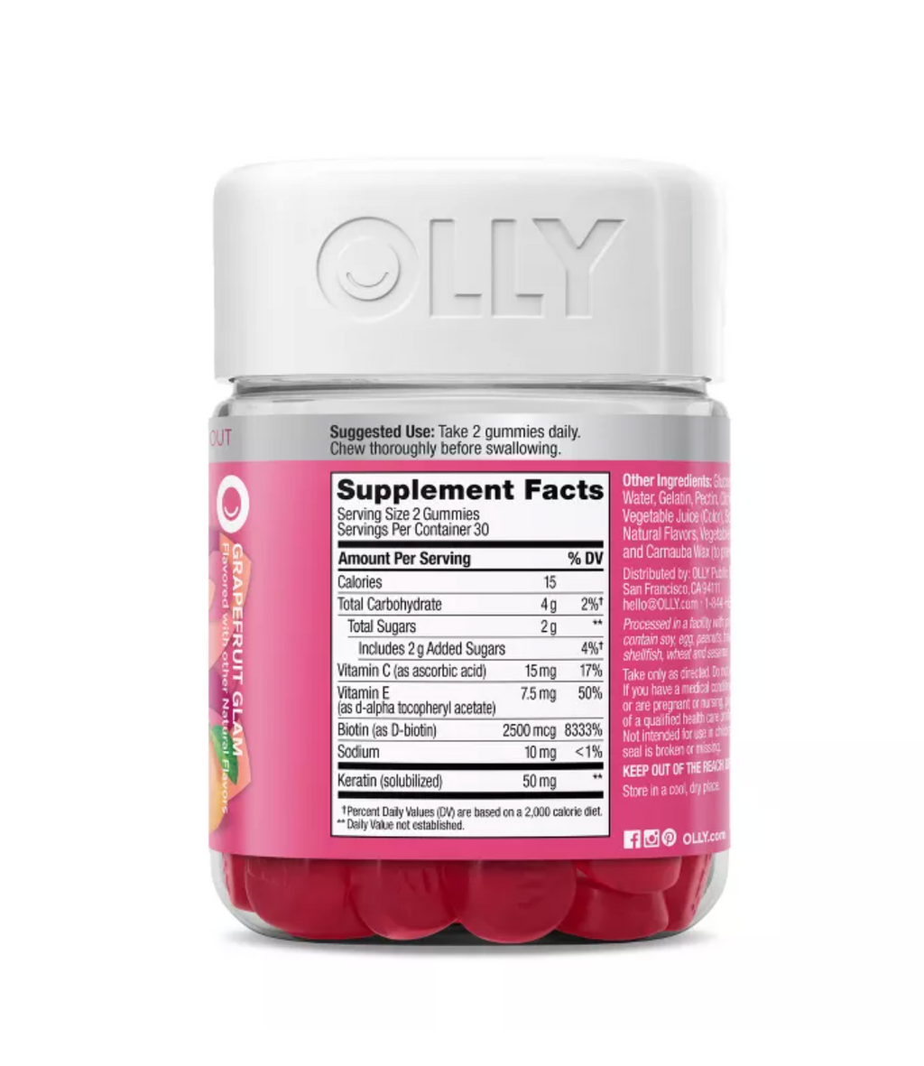 OLLY UNDENIABLE BEAUTY MULTIVITAMIN GUMMIES FOR HAIR SKIN & NAILS WITH BIOTIN, KERATIN, VITAMINS C & E - GRAPEFRUIT GLAM