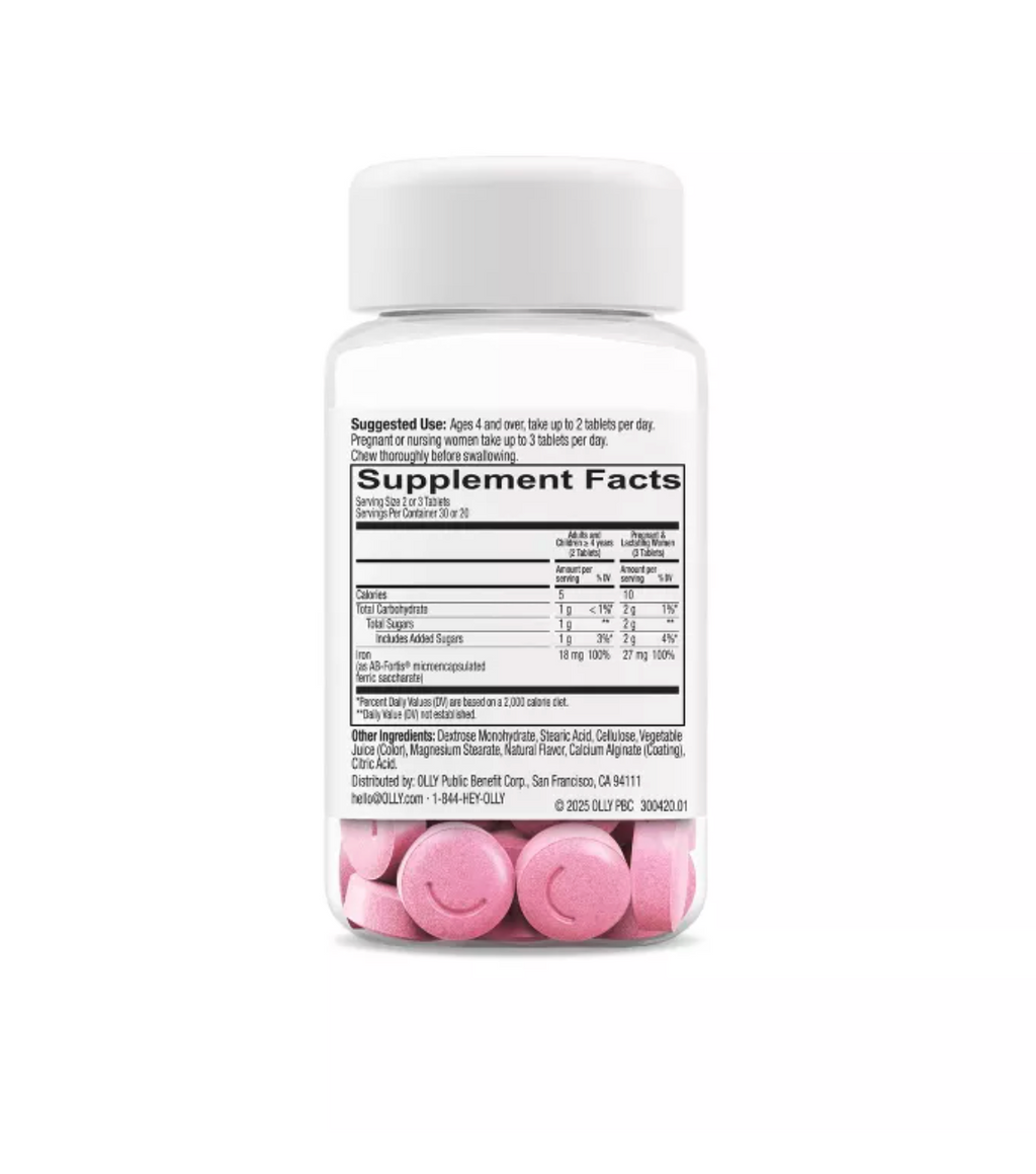 OLLY DELIGHTFUL IRON VITAMIN VEGAN CHEWABLE TABLETS
